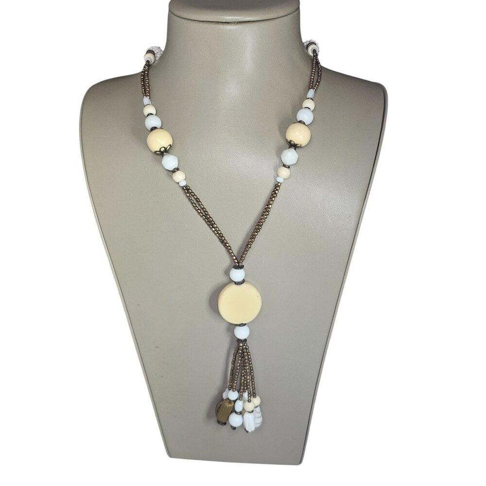 Stephan & Co Women's Boho Beaded Beige Brown Statement Necklace NWT